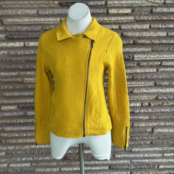 Tahari Wool Blend Boucle Moto Asymmetrical Side Zip Jacket Mustard Gold Size S - Picture 2 of 9